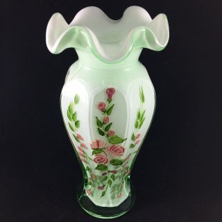 Vintage 9 " Green Cased Glass Vase Ruffled Rim And Floral Hand Painted Roses Pink