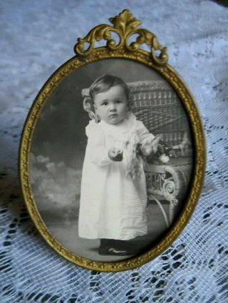 Antique Miniature Ornate Oval Brass Frame W/sweet Victorian Toddler & Toy
