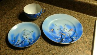 3 Piece Trio Set Hand Painted Cup Saucer Japan Blue Birds Flowers Dogwood