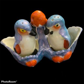 Vintage Lusterware Salt And Pepper Shakers With Caddy W/ Bird Made In Japan