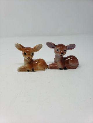 Set Of 2 Vintage Fawn Deer Glazed Made In Japan 60s Figurine Rose,  Light Brown