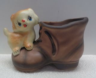 Vintage Colorful Ceramic Enesco Puppy With Shoe Figurine Made In Japan