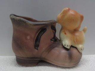 Vintage Colorful Ceramic ENESCO PUPPY WITH SHOE Figurine Made in Japan 2