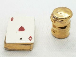 Vintage Mini Arcadia Ace Of Hearts And Coin Stack Salt And Pepper Shakers