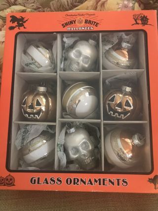 Christopher Radko Shiny Brite Halloween Ornaments Pumpkin Skull Box Of 9