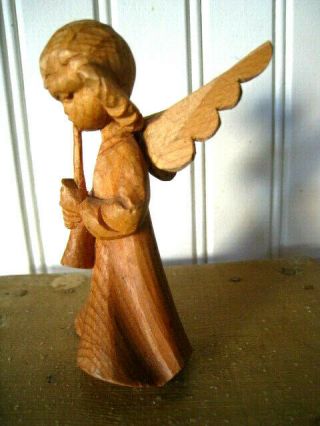 Vintage German Wood Carved Angel With Horn 3 1/2 "
