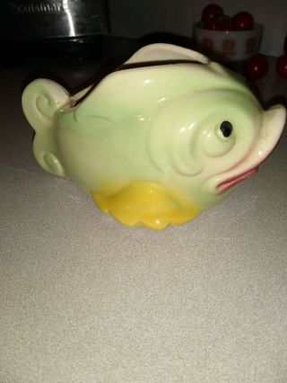 Vintage American Bisque Light Green And Yellow Tropical Fish Planter Big Lips