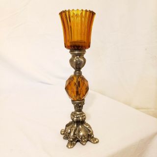 Antique Art Deco Metal Candle Holder Pewter Golden Amber Globe 11 In Tall