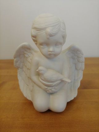 Vintage Ceramic Cherub Kneeling Angel Holding Bird Statue Figurine