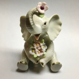 Lenox White China Elephant With Pink Gem,  Gold Lustre And Soft Pastel Flowers.