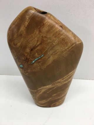 Small Handmade Burl Wood Vase With Inlaid Turquoise Signed