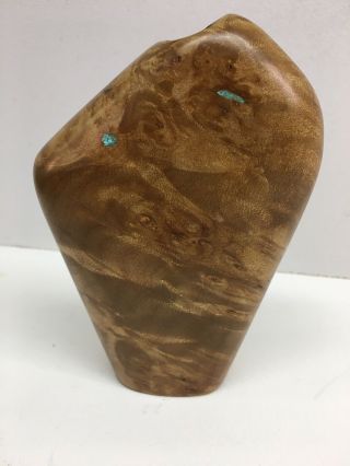 Small Handmade Burl Wood Vase with Inlaid Turquoise Signed 3