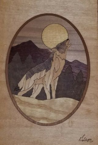 Vintage Hudson River Inlay Marquetry Nelson Howling Wolf Moon Mountain 7 " X10 "