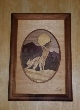 Vintage Hudson River Inlay Marquetry Nelson Howling Wolf Moon Mountain 7 