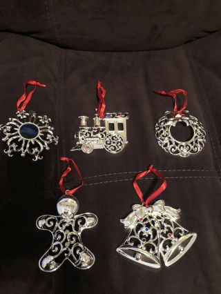Lenox Sparkle And Scroll Multi - Crystal Christmas Ornaments Set Of 5 Silver - Plate