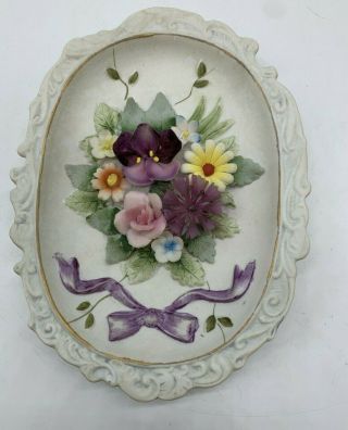 Vintage Lefton China Hand Painted Flower Wall Hanger Plaque Porcelain