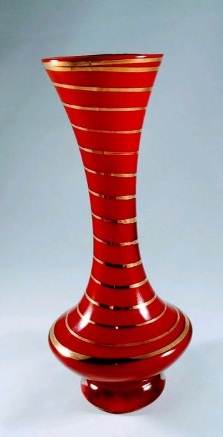 Red Art Glass Bud Vase With Gold Stripes