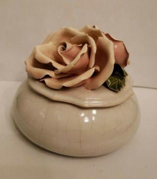 Vintage Oval Ceramic Trinket Box With Pink Roses Green Leaves Made In California