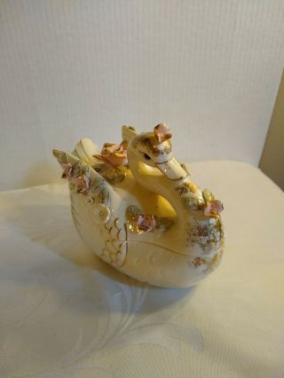Large Capodimonte Style Porcelain Swan Pink Roses Candy Trinket Dish With Lid
