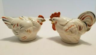 Vintage Rooster & Hen Salt And Pepper Shakers - Hand Painted - Gold Gilt - Japan