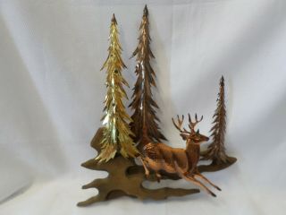 Vintage Mid Century Metal And Wood Wall Sculpture Deer And Pine Trees 14.  5 " Tall