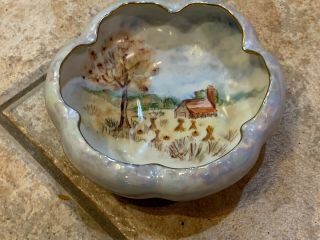 Vintage Hand Painted Farm Barn Scene Iradescent Bowl Footed Candy Dish Euc