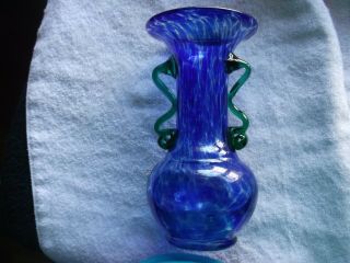 8 " Swirled Cobalt Blue / Clear Art Glass Vase With Green Handles