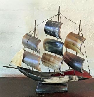 Vintage Handmade Bovine Horn Ship W/sails Sculpture Folk Art Genova,  Italy