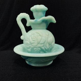 Vintage Avon Jadeite Green Swirl Milk Glass Rose Mini Bowl And Pitcher Set