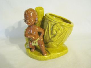Vintage Native African Tribal Boy Figurine On Yellow Speckled Planter