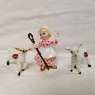 3 Pc Little Bo Peep & Sheep Miniature Nursery Rhyme Bone China Figurines Japan