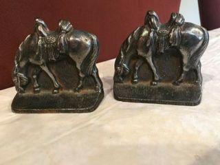 Vintage Pair Cast Iron Bookends Grazing Horse W/ Saddle 3.  75 " By 4 " Great Patina