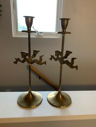 Vintage Pair Brass Angel Candle Stick Holder 12 " Christmas Holiday