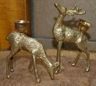Set Of 2 Vintage Brass Deer Buck & Doe Figures Candle Holders,  Candlesticks