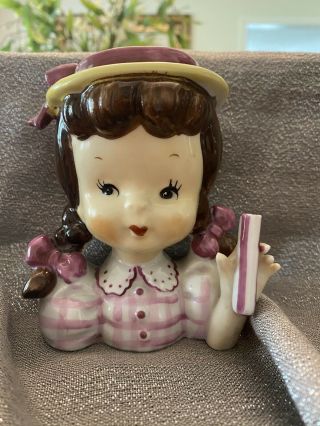 Vtg Napco Ceramic Girl Head With Pigtails/bows/hat Pink Gingham Dress 5 " X 3.  5 "