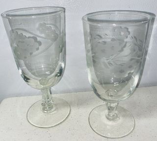 2 Water Glass Wine Goblets Lead Crystal Flower Etch Frosted Vfl3e