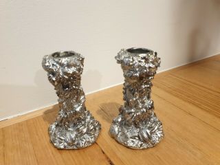 Vintage Retro Silver Plate Candlesticks.  Figural.  3d.  Relief.  Strawberry Gothic