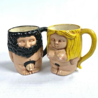Vintage Adam And Eve Set Of Two Ceramic Mugs Cups Nude Man And Women Risqué Art