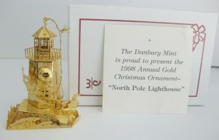 Danbury Christmas Ornament Lighthouse 23k Gold 1998 Santa Reindeer Box Card