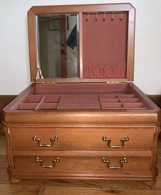 Vtg 80’s Oak Jewelry Box Mini Chest Of Drawers With Mirror Felt Lined Drawers
