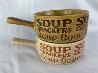 Vintage Mid Century Set Of 2 Stoneware Soup/crackers Mugs Bowls Japan Mod Words