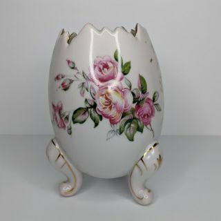 Vintage Fine A Quality Porcelain 6” Cracked Egg Footed Vase Painted Roses Japan