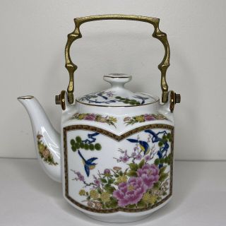Homco Japanese Flowered Hand Painted Hexagon Porcelain Teapot W/ Brass Handle 9”