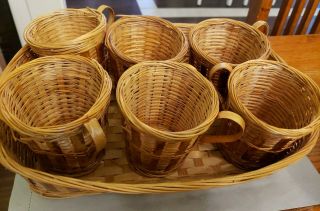 Set Of 6 Vintage Wicker Rattan Boho Drinking Cup Holders With Handles And Basket