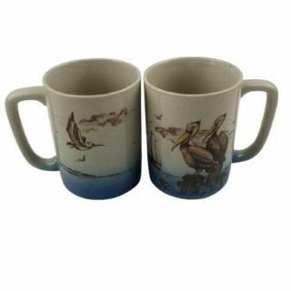 Otagiri Set Of 2 Pelicans Seagulls Sailboat Ship Vintage Stoneware Coffee Mugs