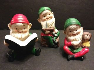 3 Homco Christmas Elves Home Interiors Pixie Book Boat Gnome 5205 Figurines Vtg