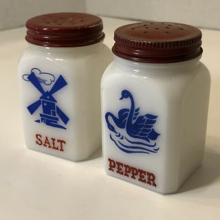 Vintage Salt And Pepper Shakers White Milk Glass Blue Windmill And Swan Usa