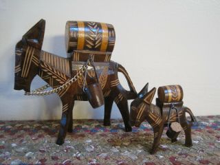 Vintage Pair Hand Carved Wooden Donkeys Barrels Buckets