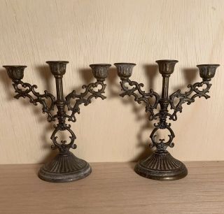 Set Of 2 Matching Small Vintage Brass Triple Candle Holder Made In Italy