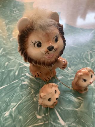 Vintage Fuzzy Ceramic Anthropomorphic Lion Family On Chain 2